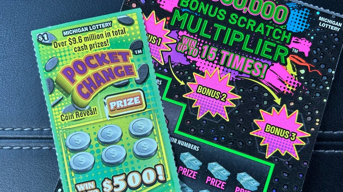 Two Michigan scratch lottery tickets against a blue background