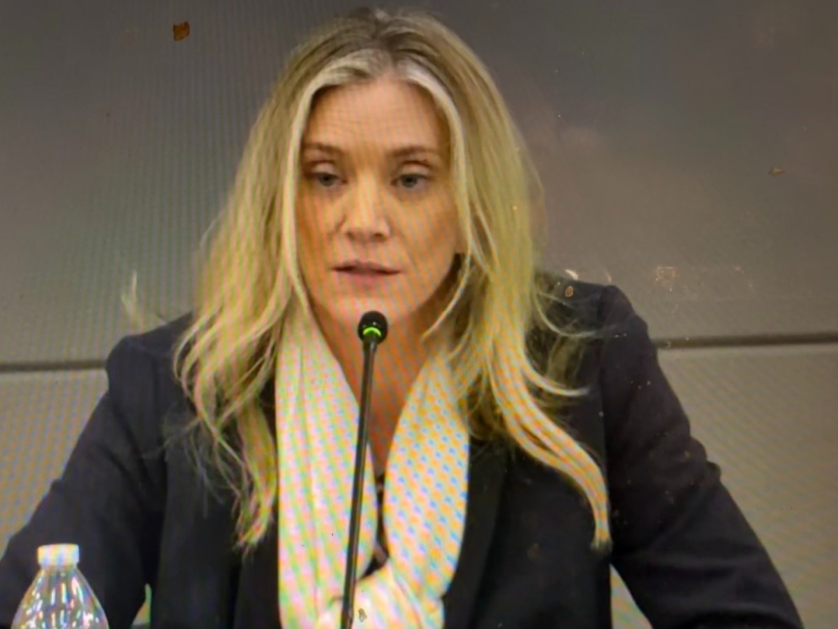 A woman speaks into a microphone at a board meeting