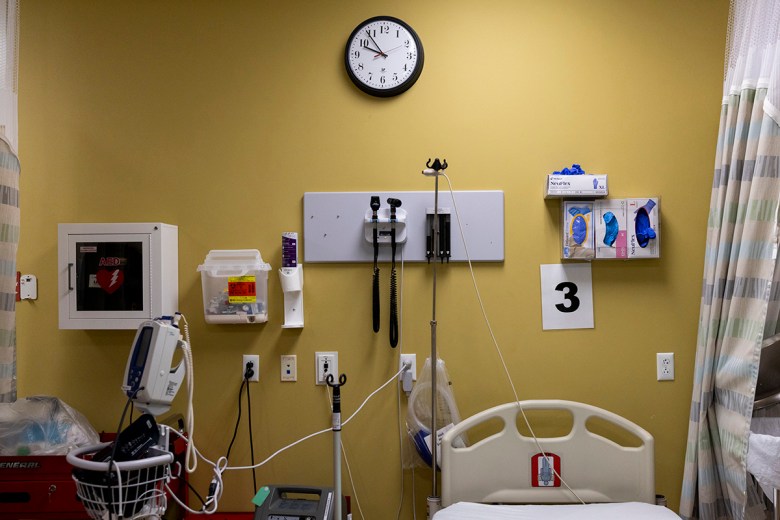 A hospital-style bed and other medical equipment inside a clinical room at the Thome Rivertown Senior Apartments in Detroit, Michigan, on Tuesday, Feb. 17, 2026. 