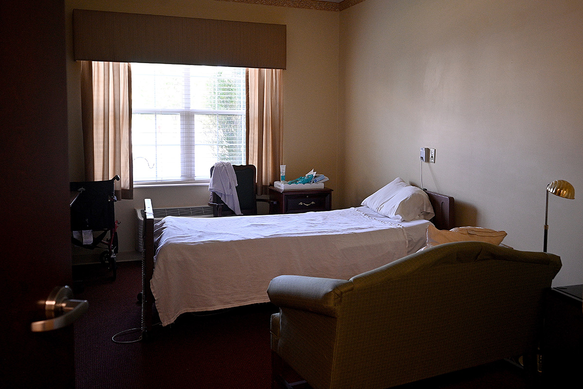 Housekeeping has cleaned this room and made the bed with fresh sheets at The Willows of East Lansing nursing home on Friday, Sept 19, 2925.