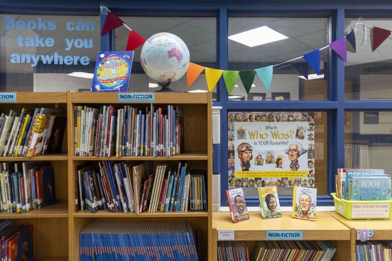 Bookshelves in a classroom. 