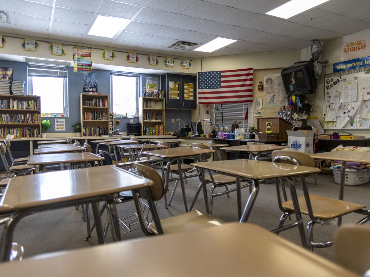 empty classroom with desks and chairs