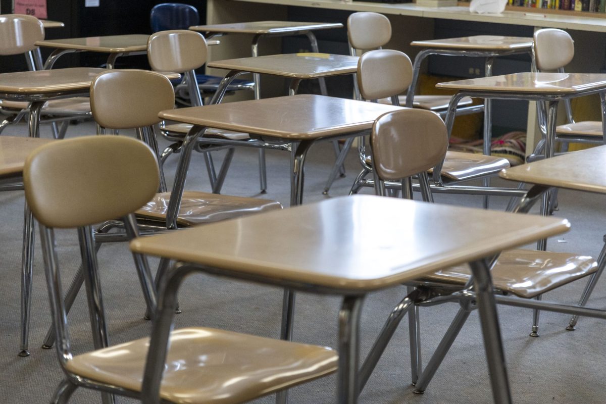 desks in an empty classroom