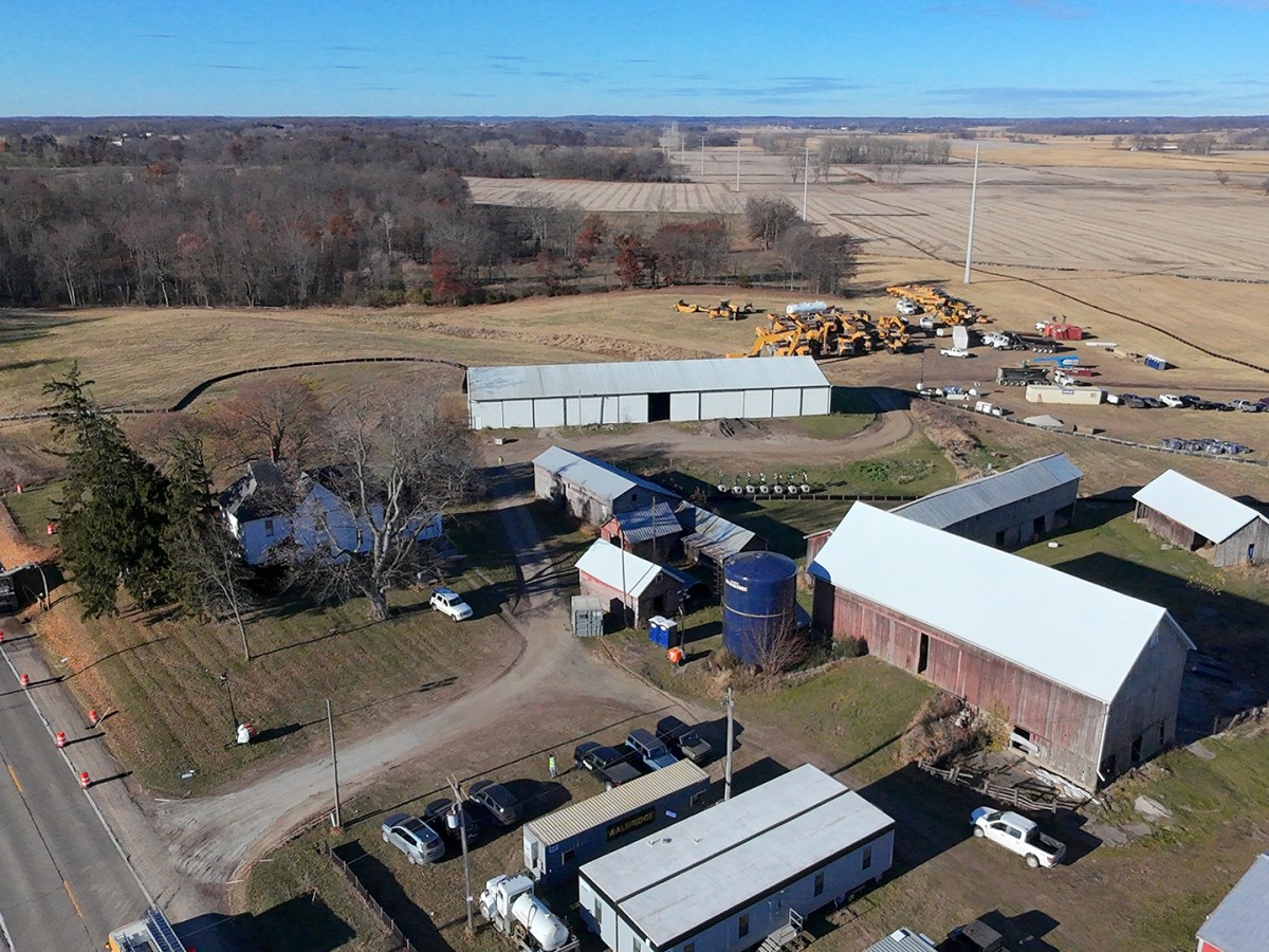 An aerial photo of farmland.
