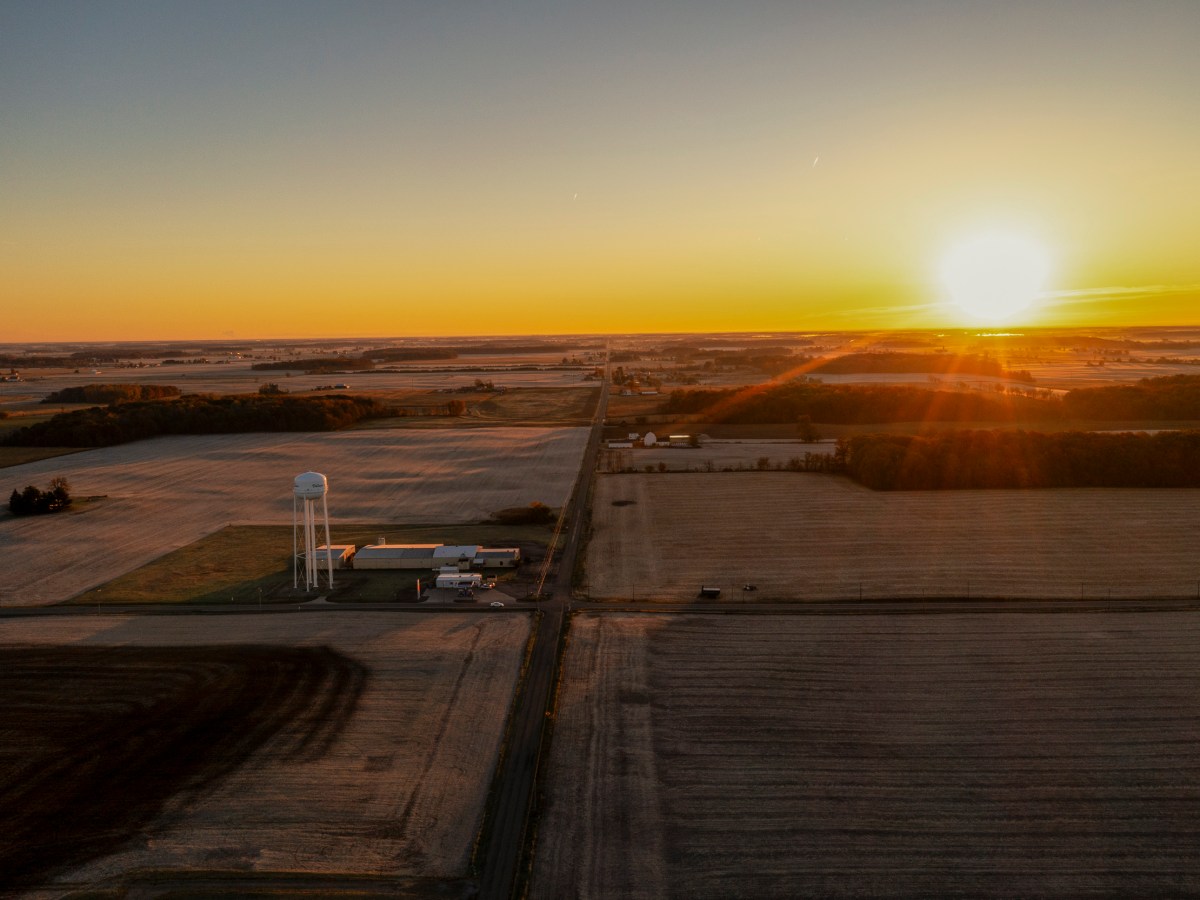 An aerial view of crop fields.