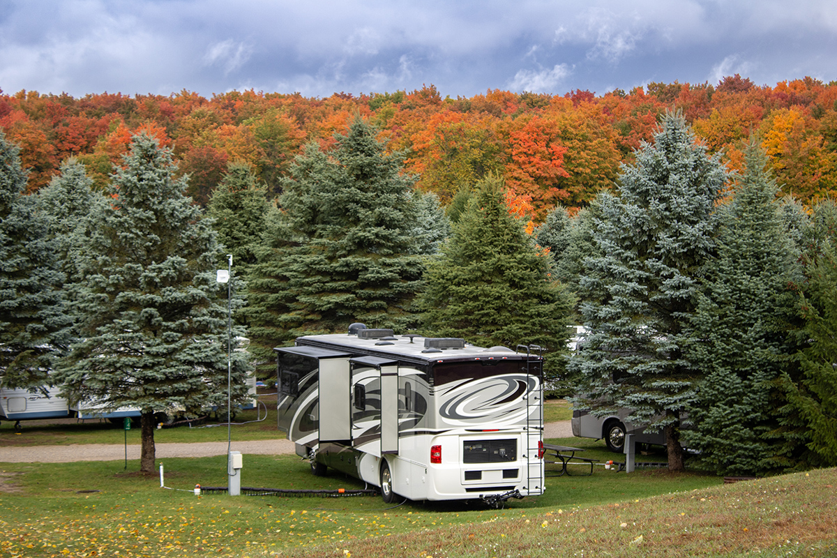 The vibrant foliage of a Michigan RV campground, as viewed from a scenic hiking trail.