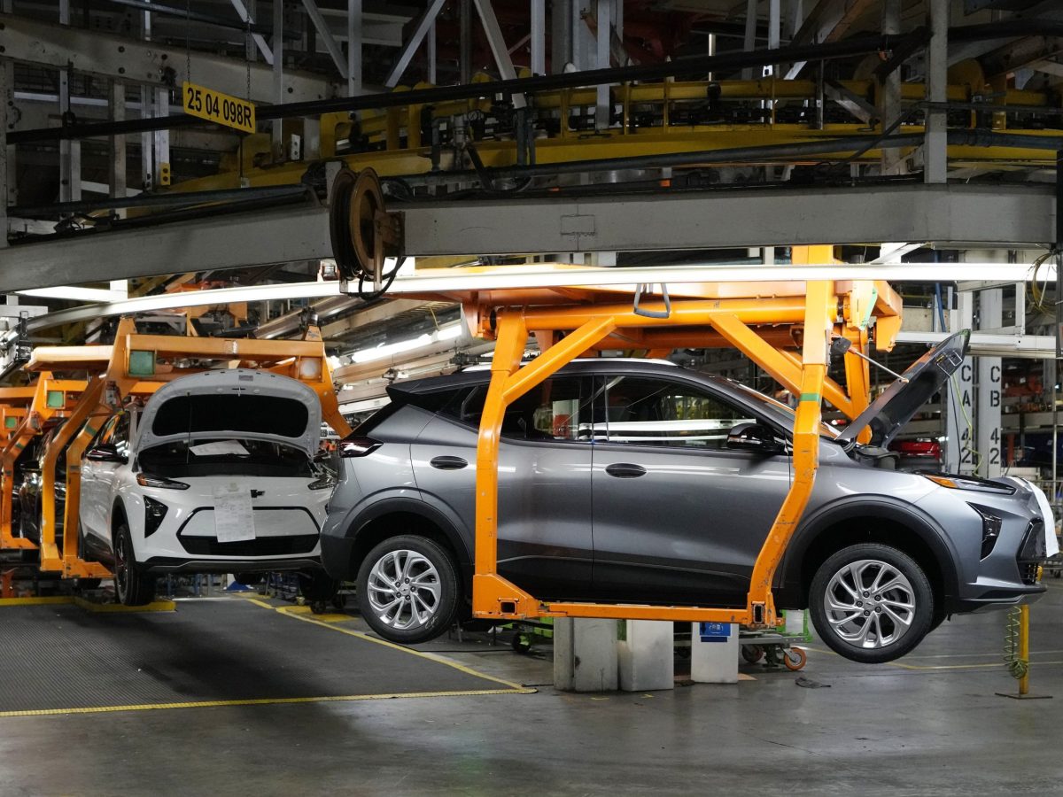 Vehicles move along the 2023 Chevrolet Bolt EV and EUV assembly line at the General Motors Orion Assembly on June 15, 2023, in Lake Orion, Mich.