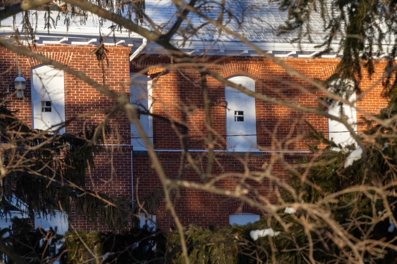 Tree branches in front of a brick building in Mount Pleasant, Michigan. 