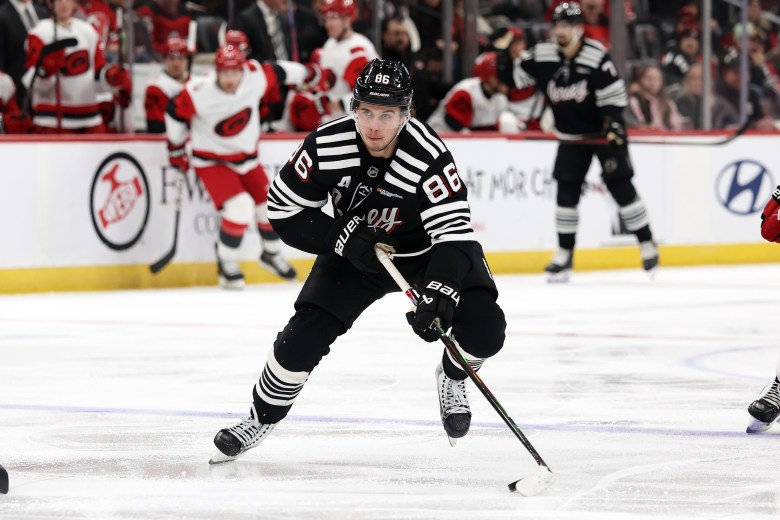 Jack Hughes on the ice.