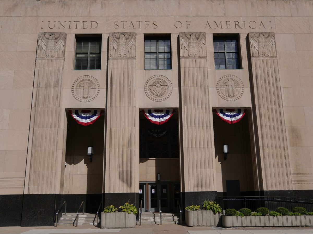 Front facade of U.S. District Court building in Detroit.