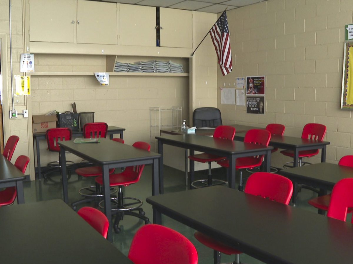 empty classroom with red chairs