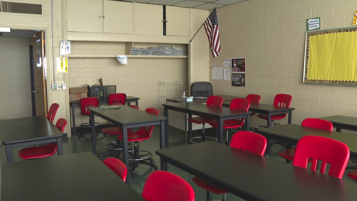 empty classroom with red chairs