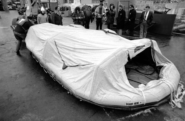 A  black-and-white life raft.