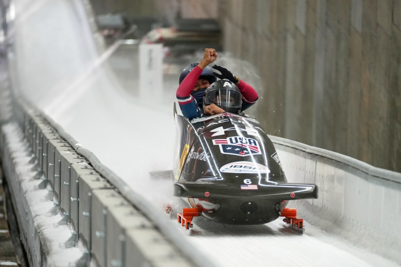 Elana Meyers Taylor and Jasmine Jones in a bobsleigh.