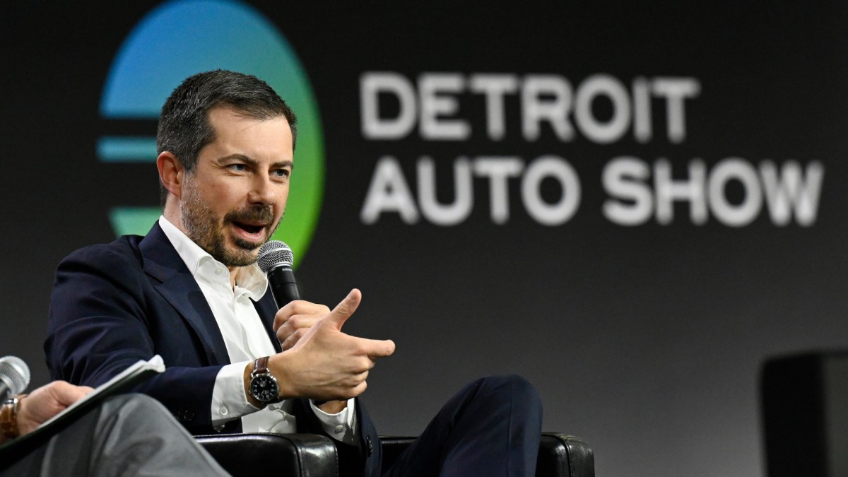Pete Buttigieg on stage at the Detroit Auto Show