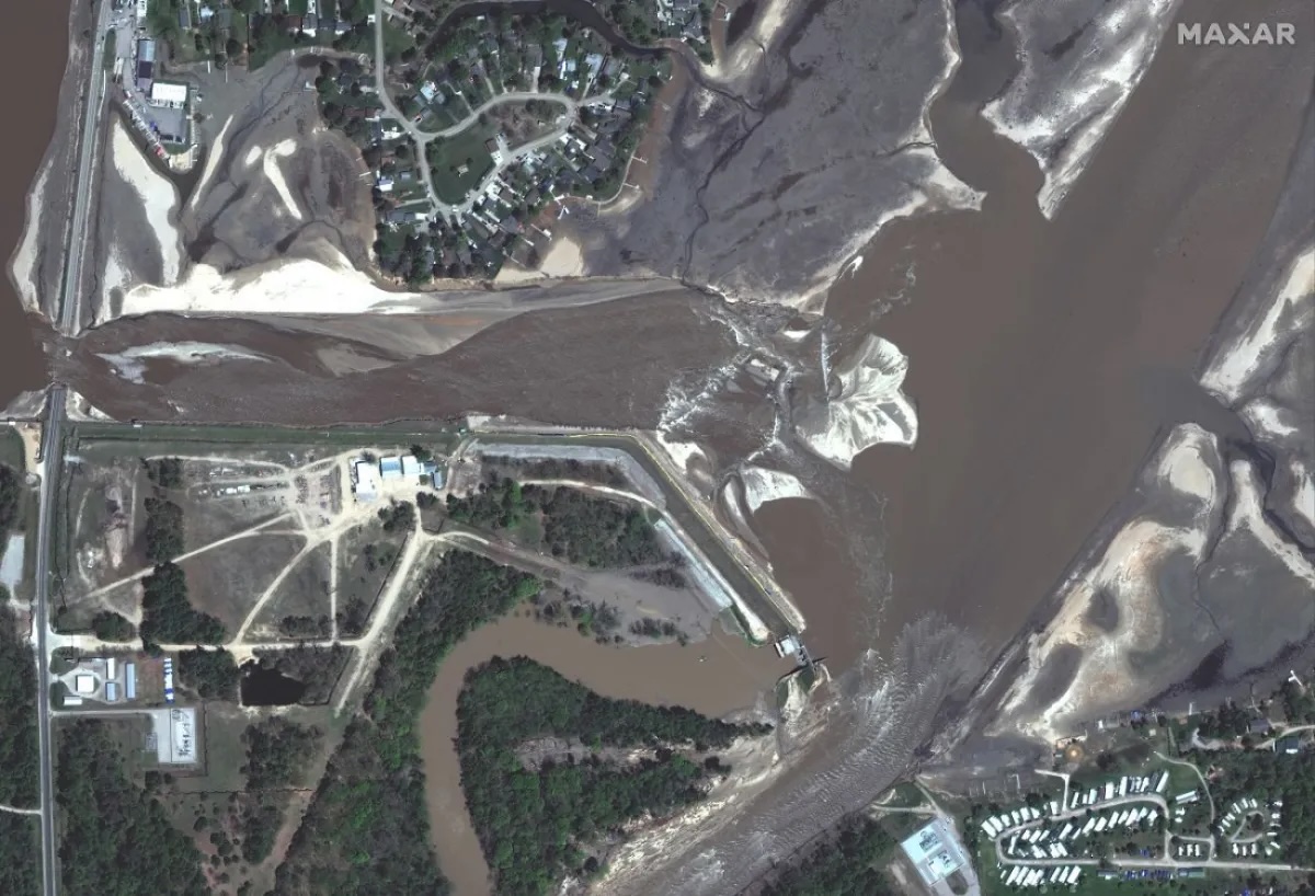 An aerial image of the 2020 flood damage.