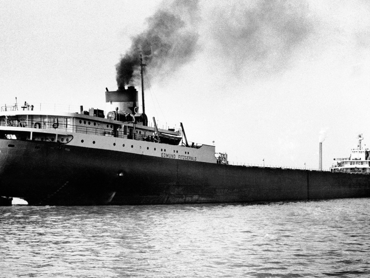 A black-and-white photo of the Edmund Fitzgerald.