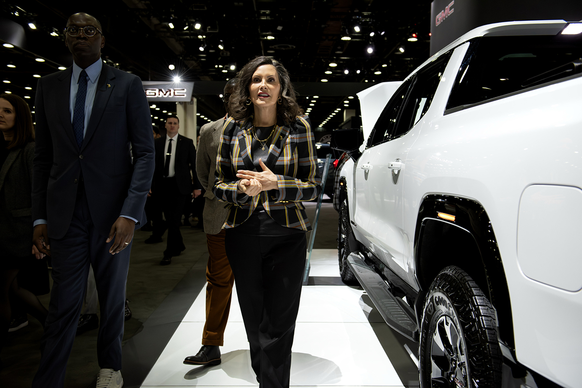 Governor Gretchen Whitmer tours the General Motors booth a the 2026 Detroit Auto Show at Huntington Place, Thursday morning, January 15.