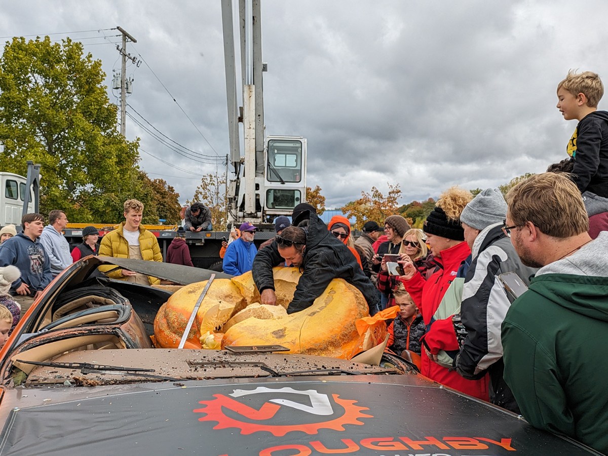 A smashed pumpkin on a vehicle. People are surrounding the car. 
