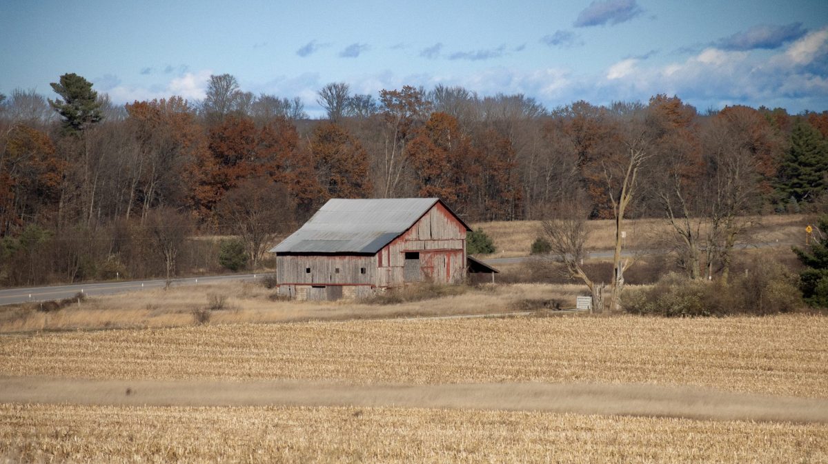 Red barn in front of field