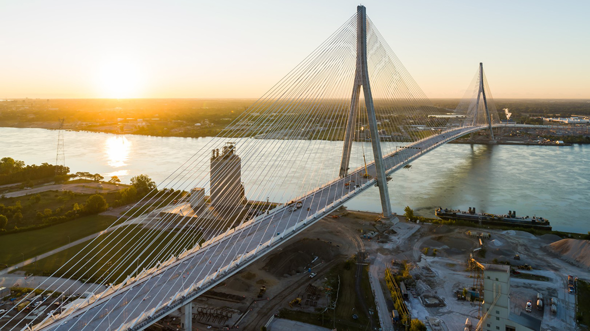 An aerial image of Gordie Howe International Bridge.