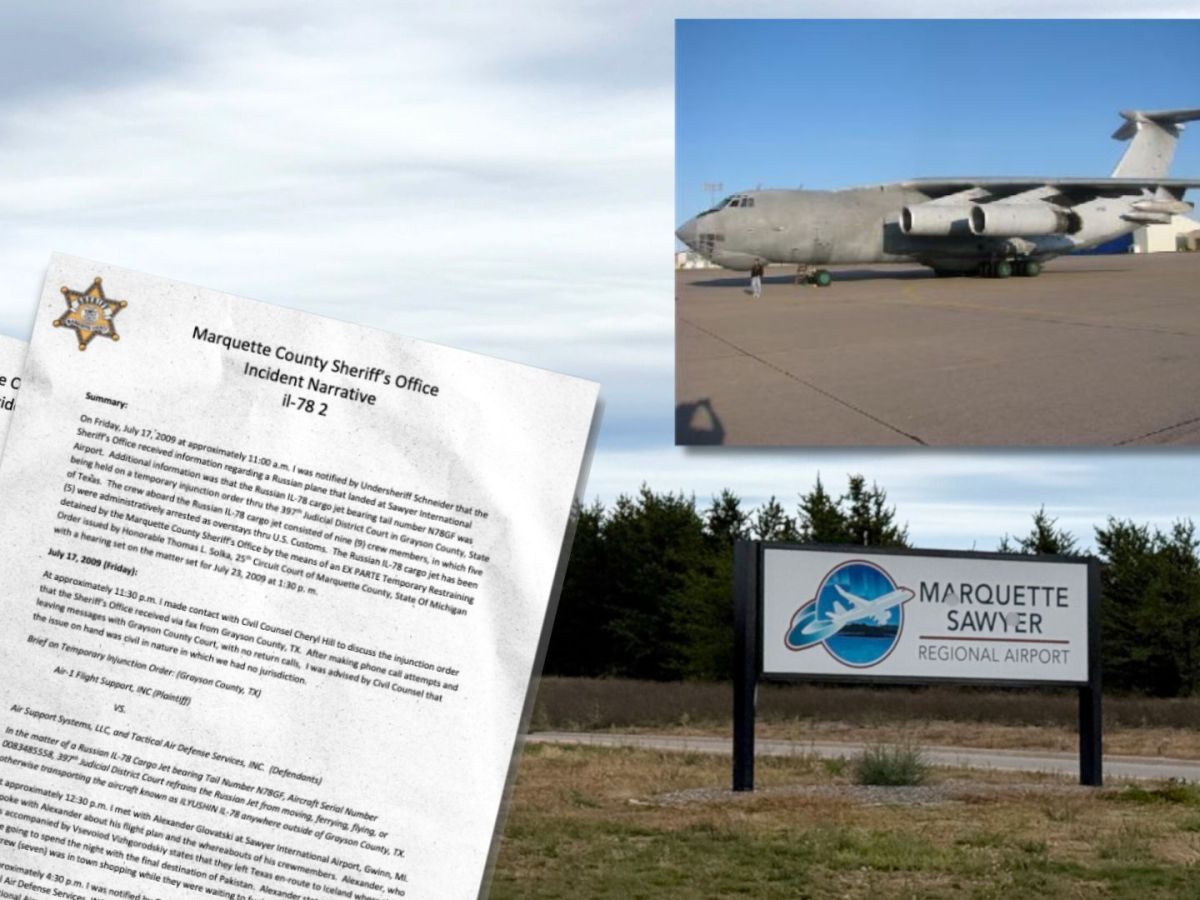 A photo illustration showing documents, an airplane, and a sign for an airport