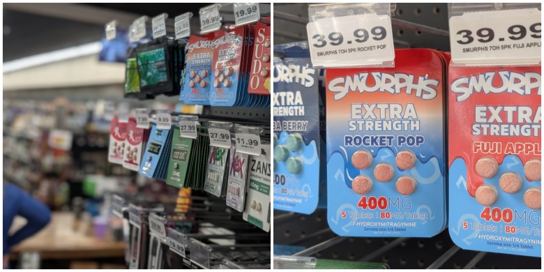 shots of kratom products on display in a store
