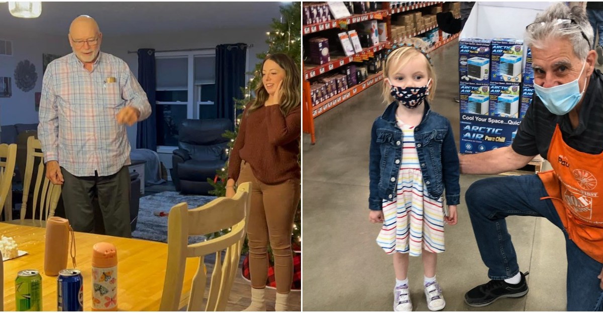collage of two images. On left: A group of three people look at a gingerbread house on a table while standing in front of a Christmas tree. On right, a man in a Home Depot apron kneels next to a little girl. Both wear masks.