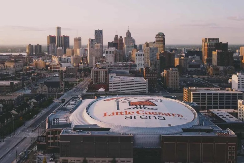 aerial shot of Little Caesars Arena in downtown Detroit