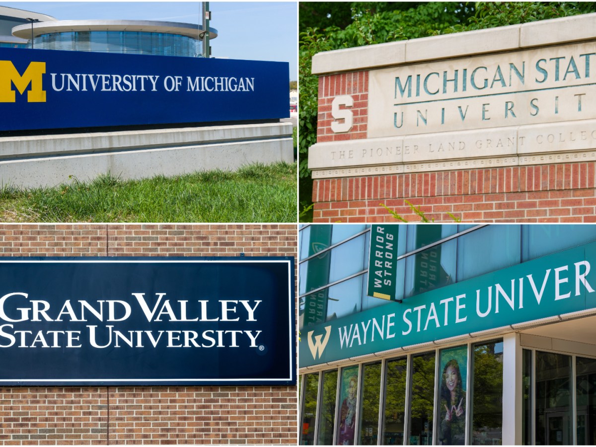 Collage of signs showing University of Michigan, Michigan State, Grand Valley State and Wayne State universities.