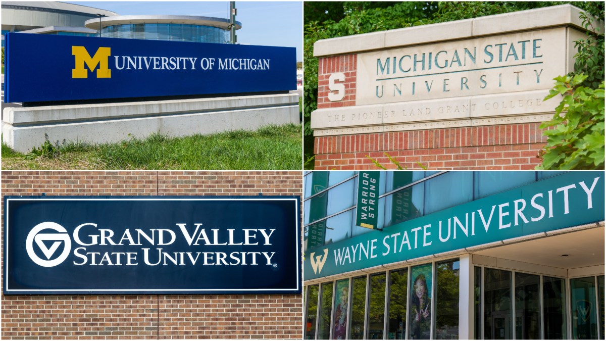 Collage of signs showing University of Michigan, Michigan State, Grand Valley State and Wayne State universities.