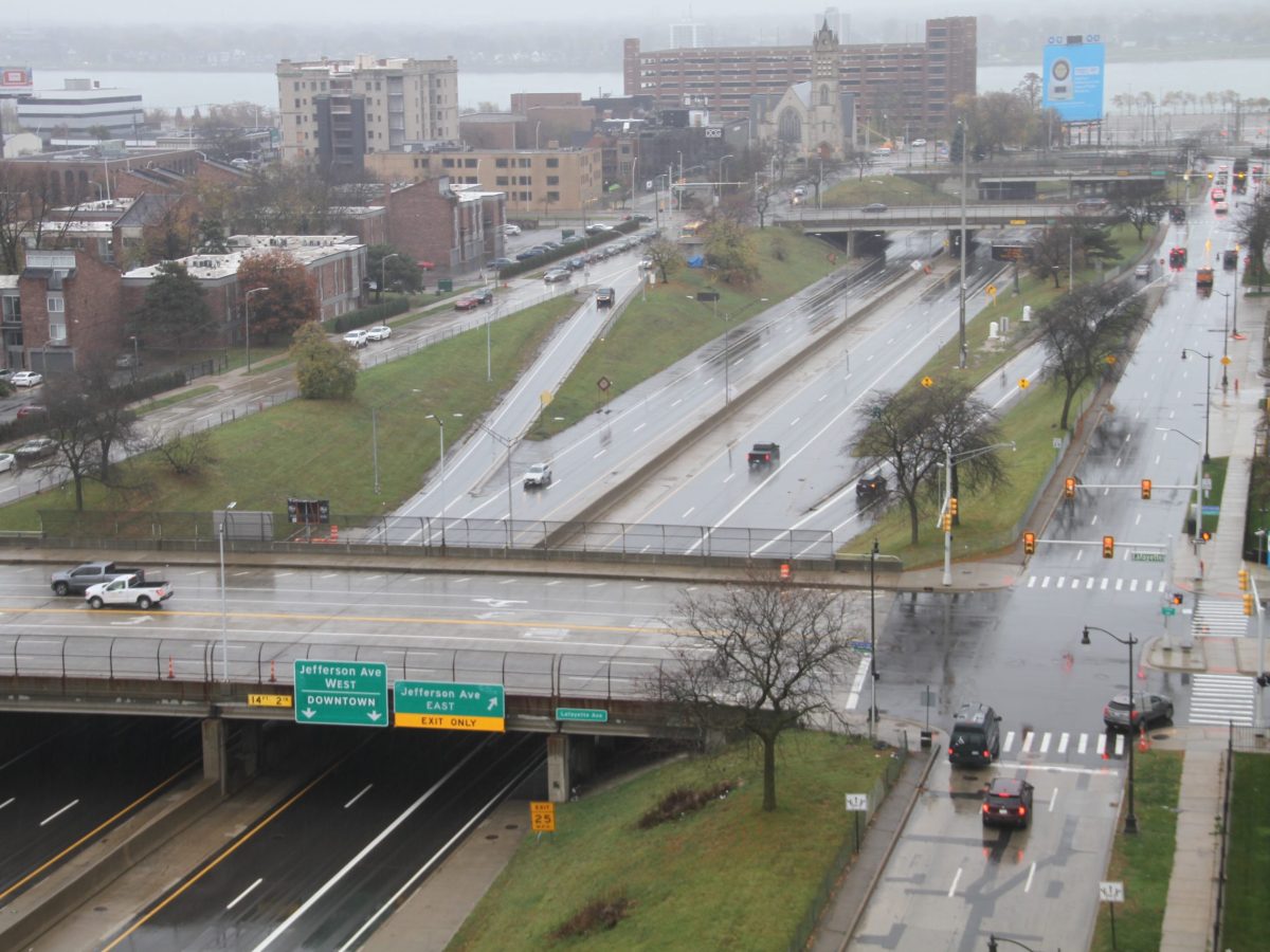 An aerial image of I-375 in Detroit.