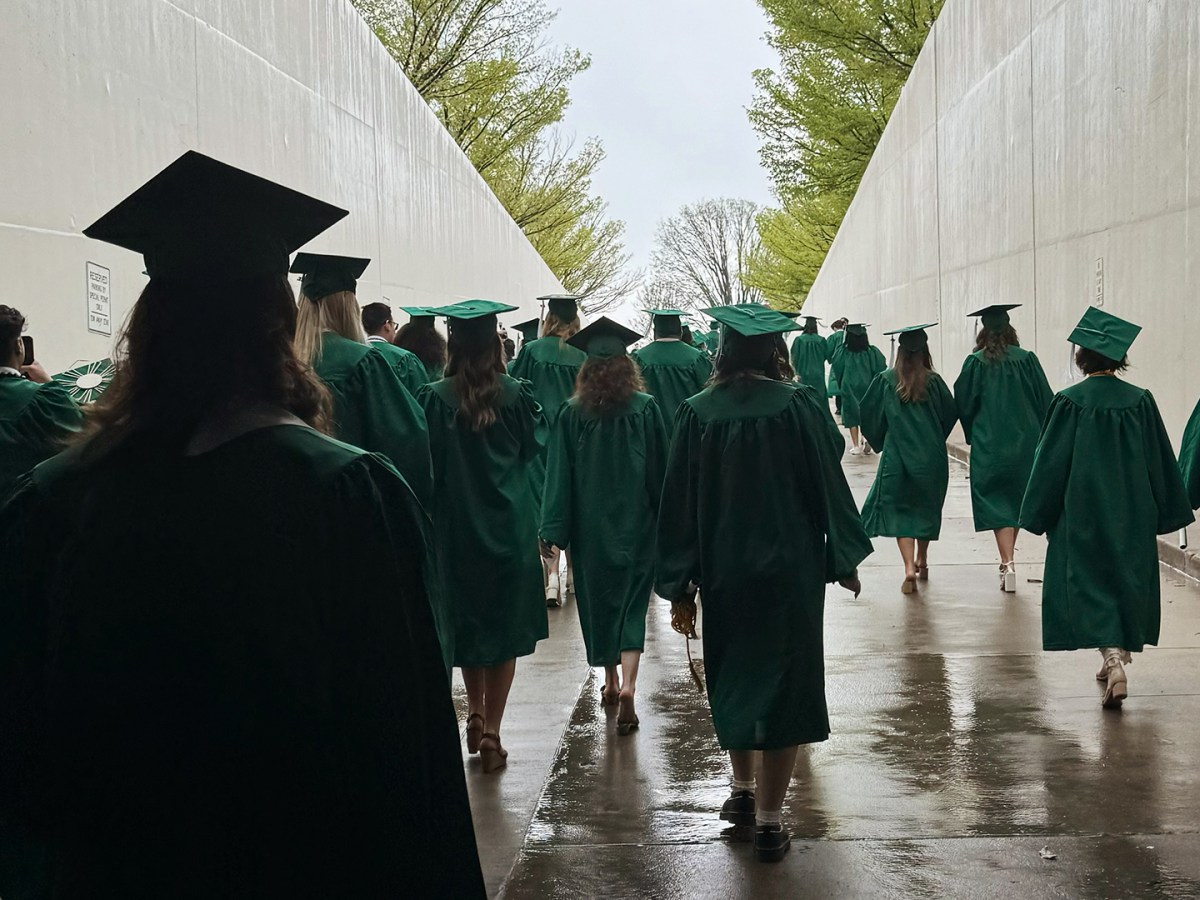 People in caps and gowns at a graduation.