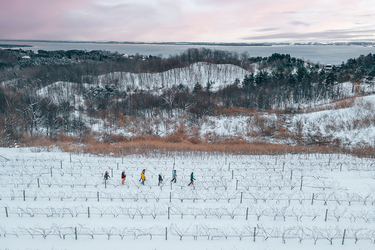 Snowshoers exploring a snowy wineyard in Michigan.