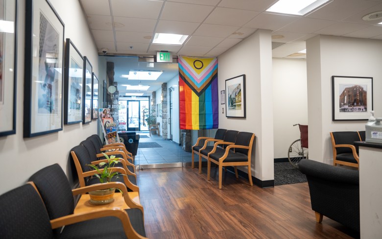 The lobby of Be Well Medical Center in Berkley, Mich., where Dr. Paul Benson has provided care to LGBTQ patients for decades.