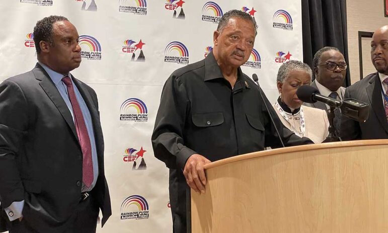 The Rev. Jesse Jackson pushed automotive industry executives to support racial diversity during a stop at the MotorCity Hotel and Convention Center on Nov. 12, 2021. 