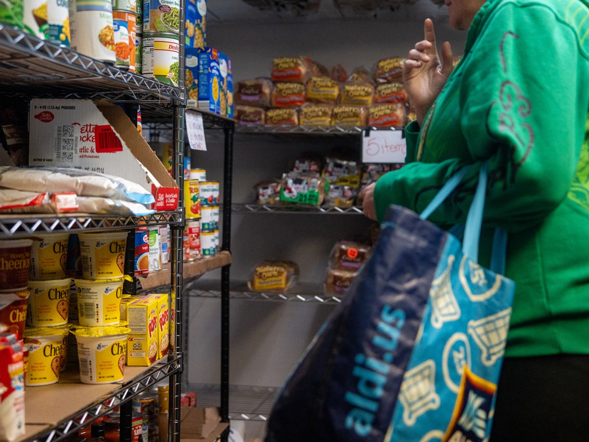 A shopper gathers groceries at the Elmwood Blessing Box in Westland, Michigan, on Wednesday, October 29, 2025.