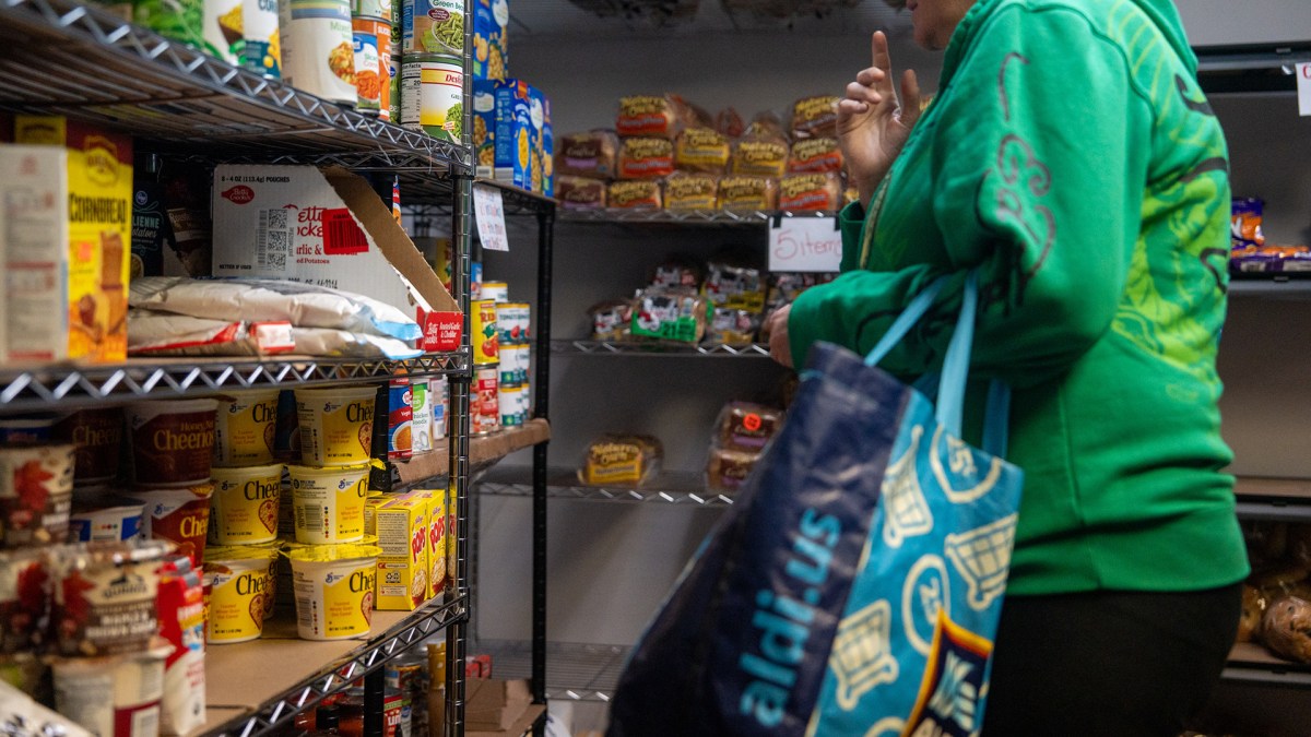 A shopper gathers groceries at the Elmwood Blessing Box in Westland, Michigan, on Wednesday, October 29, 2025.