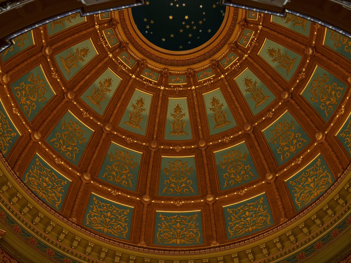 The ceiling of the rotunda inside the Michigan State Capitol building in Lansing, Mich.