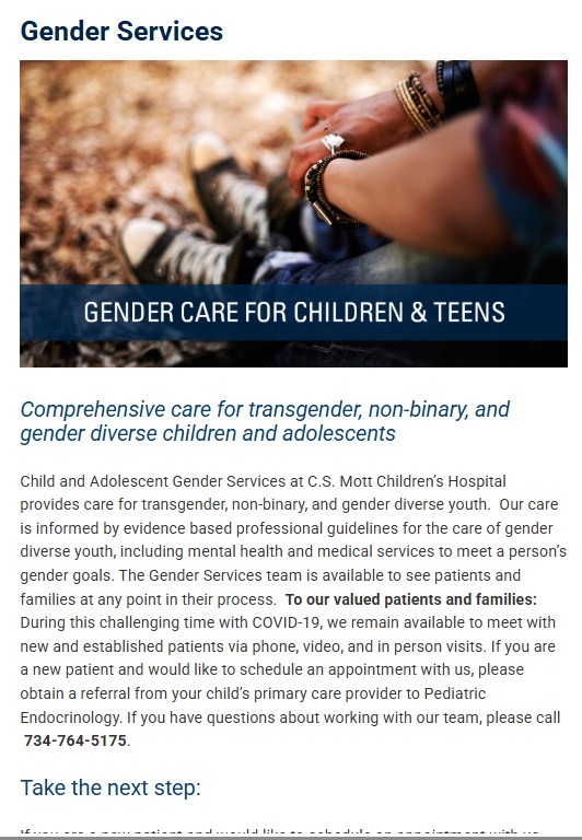 A screenshot of gender services at the University of Michigan.