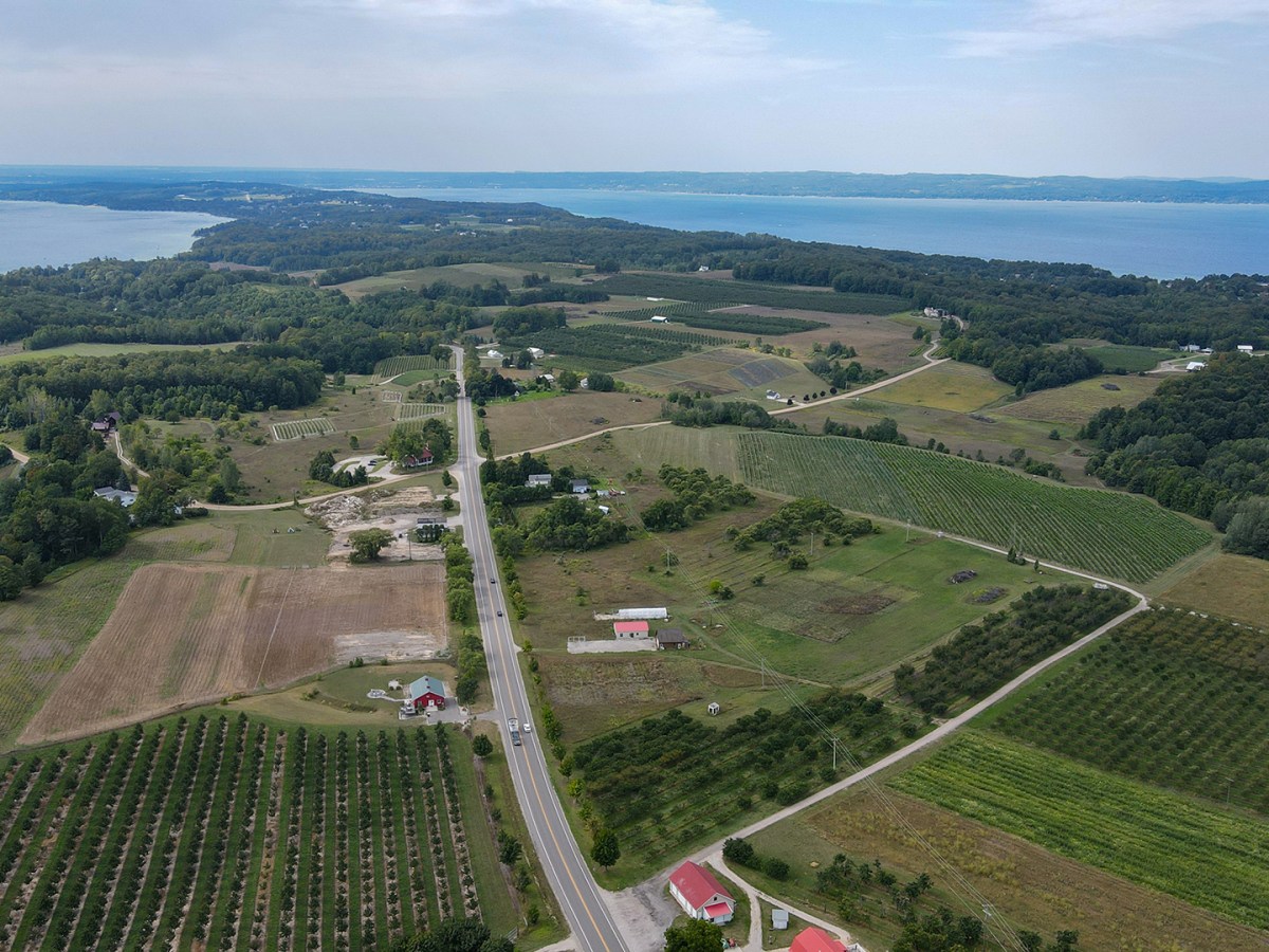 Vineyards and farms on Old Mission Peninsula which projects out in Grand Traverse Bay in Michigan.