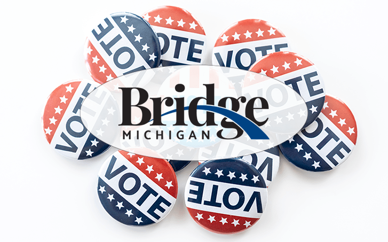 Bridge Michigan logo, with vote buttons behind it